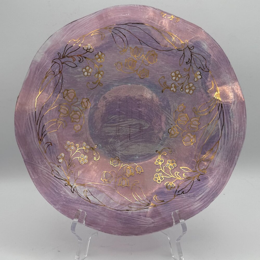 Florescent Purple Ruffled Hand Painted Gold Trim Decor Plate Vtg